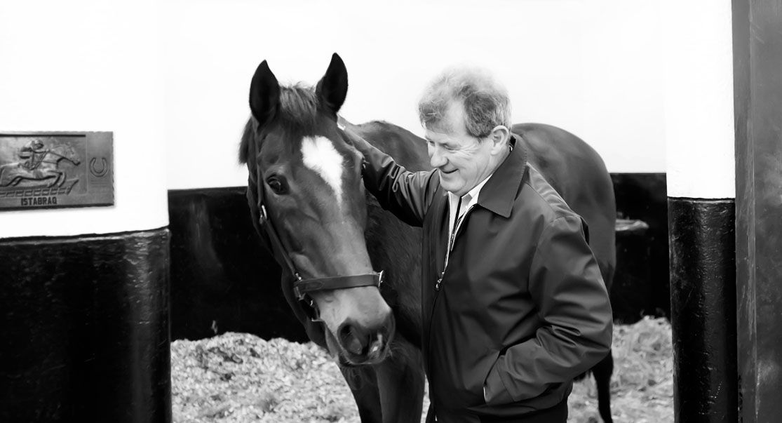 Business owner and Racehorse owner J.P. McManus at Martinstown stud with champion hurdler Istabraq.  
